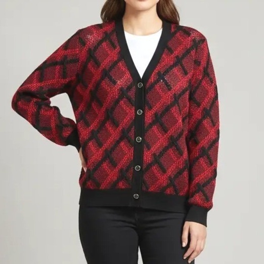 VTG Alfred Dunner Petite Red Black Design Front Button Cardigan Women M USA